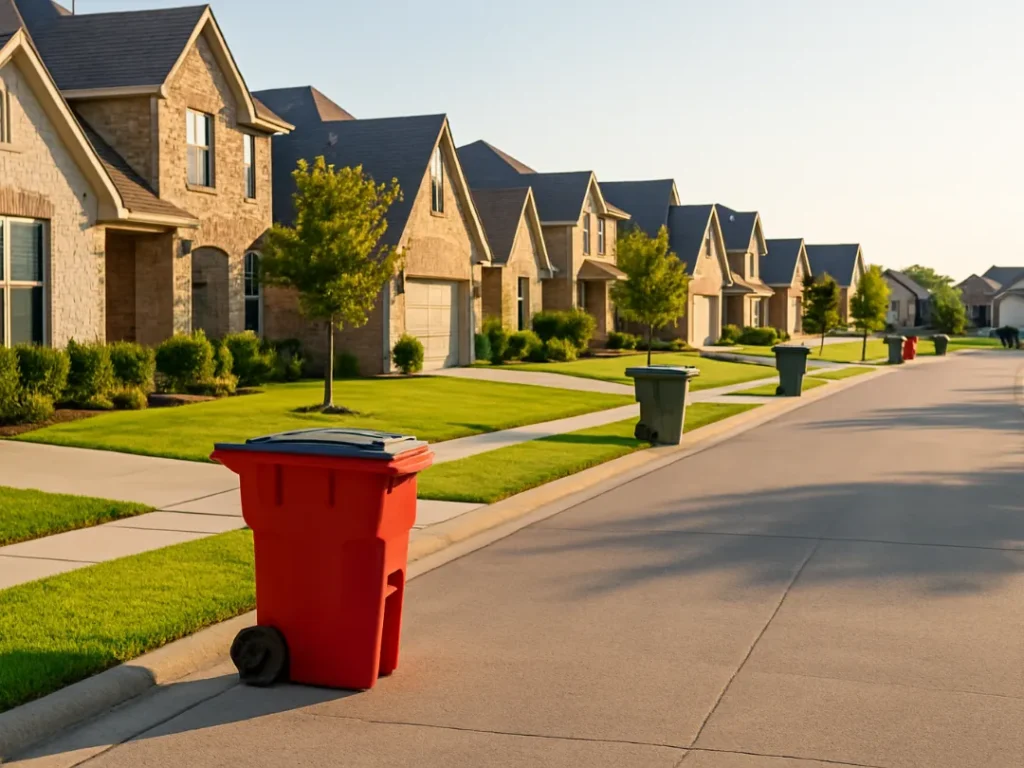 clean suburban street curbside trash bin