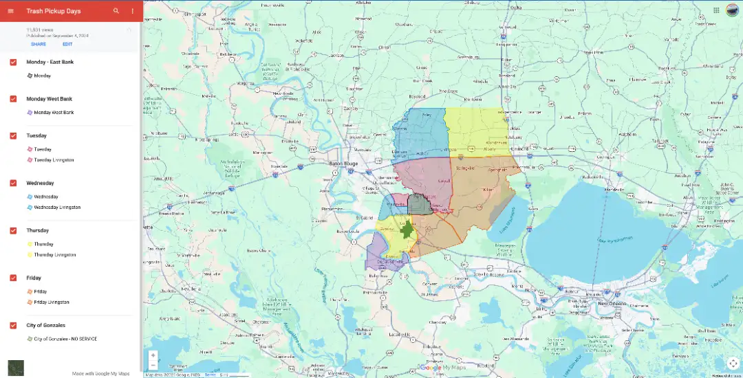 trash pickup days schedule map louisiana