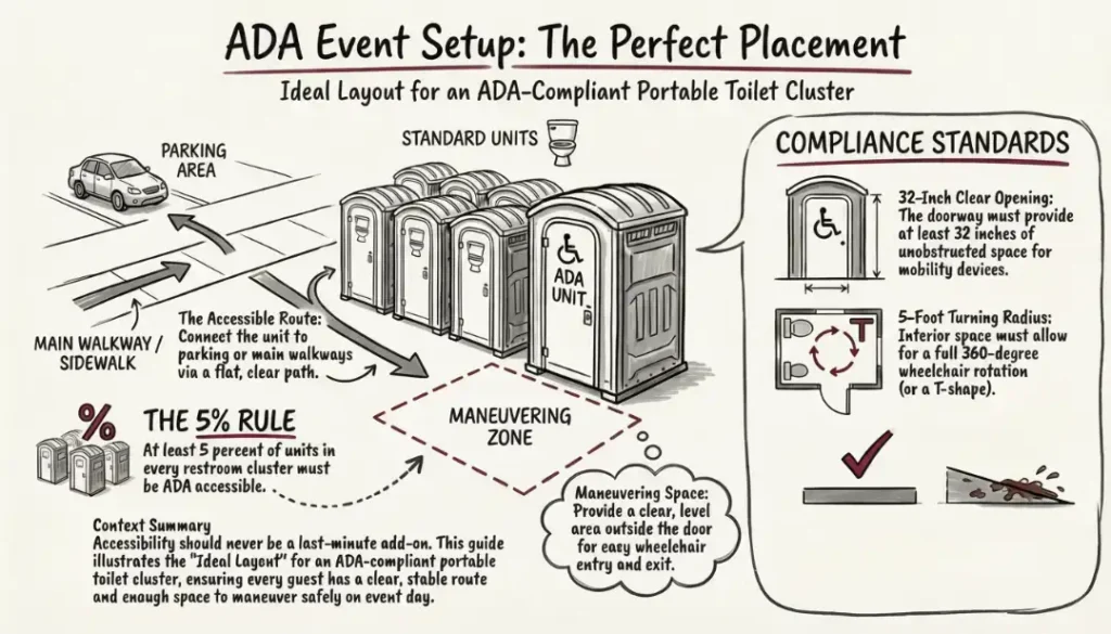 ada compliant portable toilet layout guide