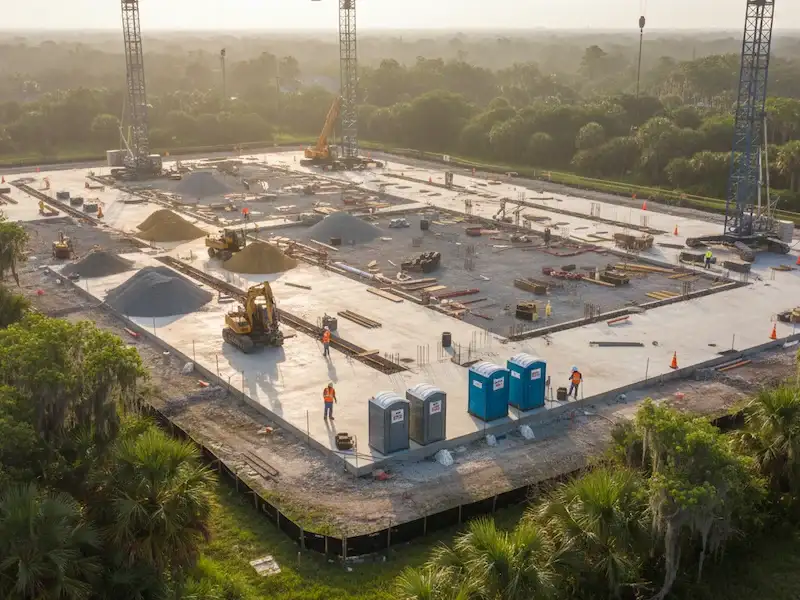 portable toilets at construction site foundation