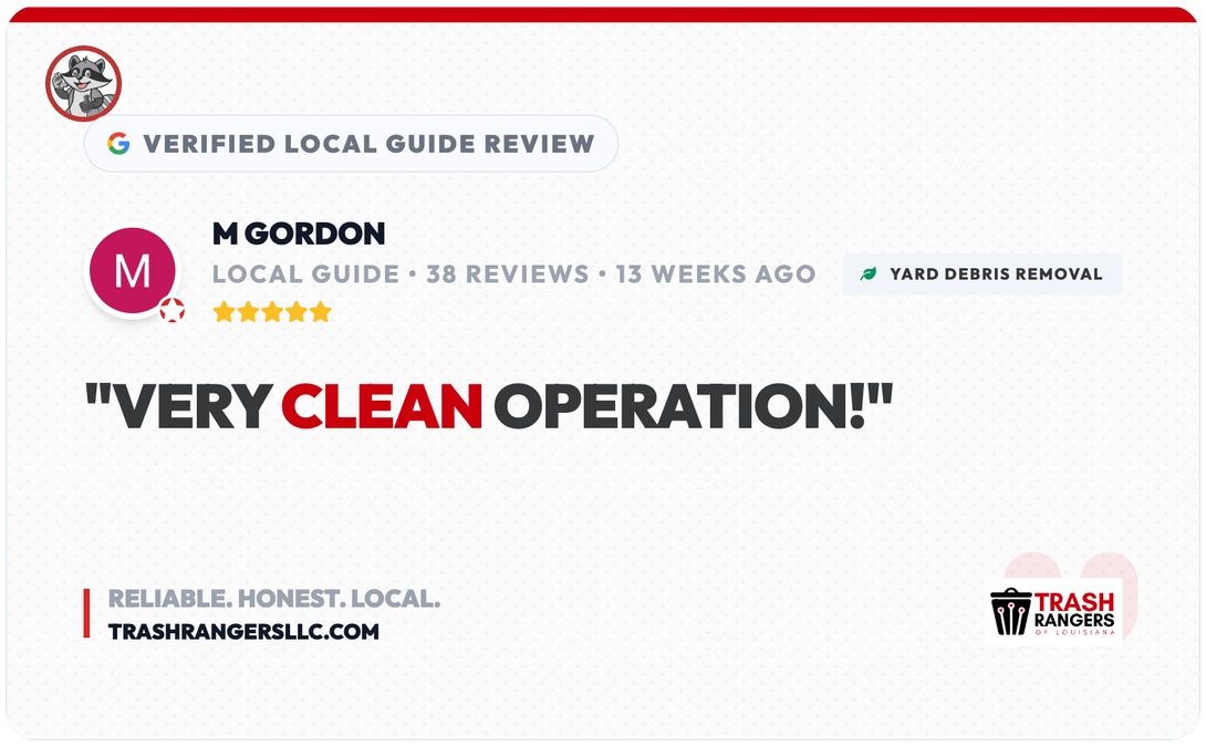 Customer review of Trash Rangers from M. Gordon praising local trash service response