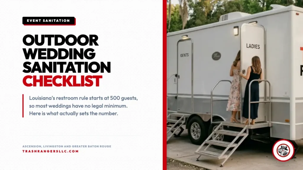 Wedding guests using a portable restroom trailer at an outdoor South Louisiana venue