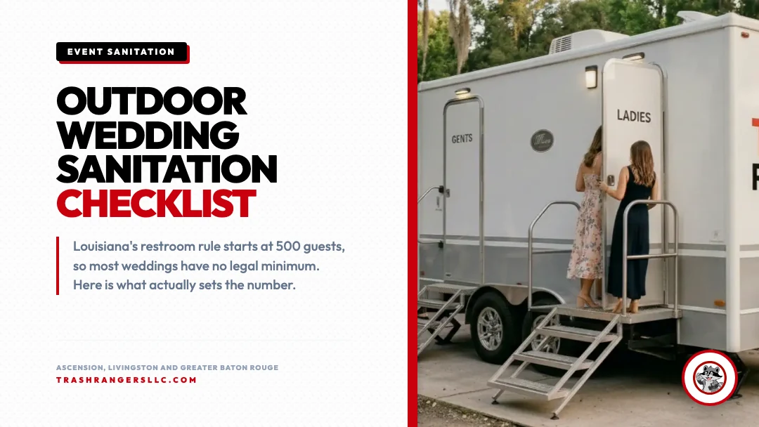 Wedding guests using a portable restroom trailer at an outdoor South Louisiana venue