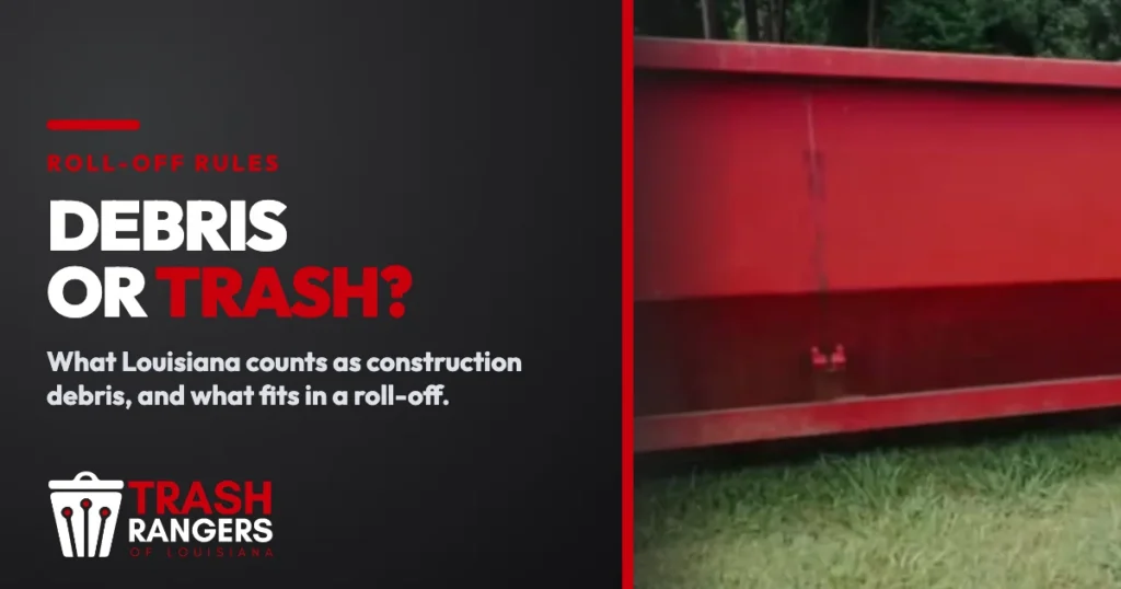 Debris or trash? The side of a red Trash Rangers roll-off dumpster on a grass lot.
