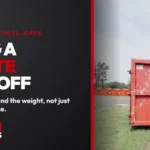 Sizing a jobsite roll-off: a red Trash Rangers roll-off dumpster on a gravel and grass lot.