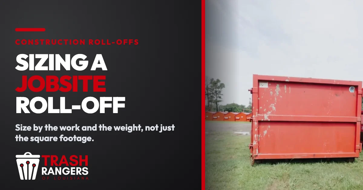 Sizing a jobsite roll-off: a red Trash Rangers roll-off dumpster on a gravel and grass lot.