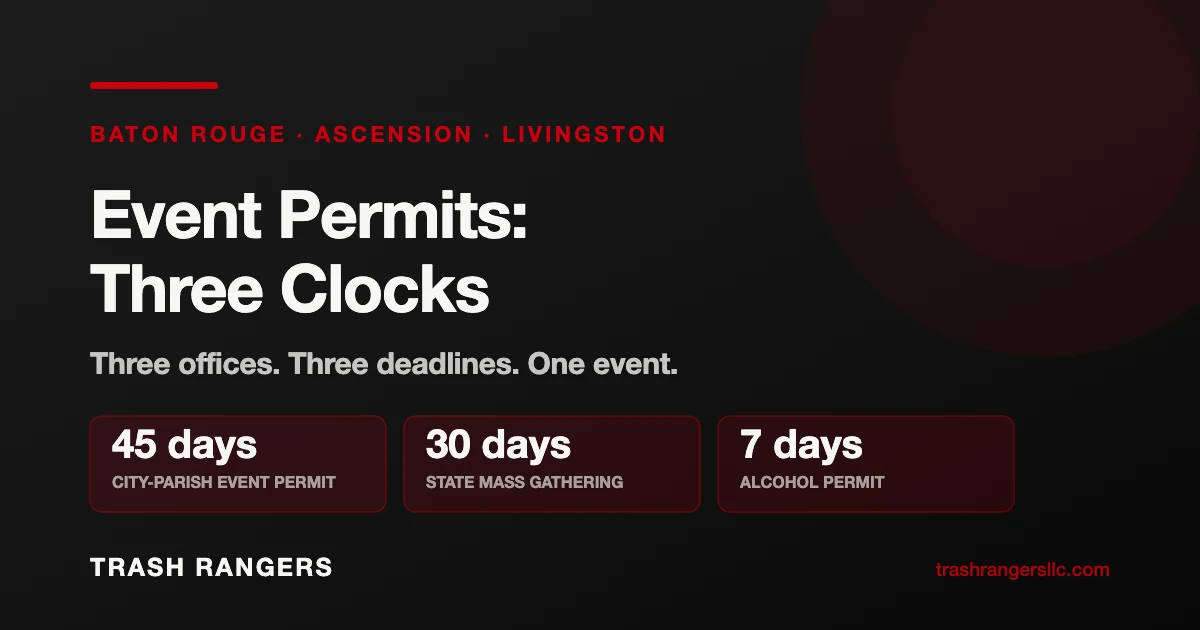 Event permits: three clocks, 45 days for the city permit, 30 for the state mass gathering permit, 7 for the alcohol permit