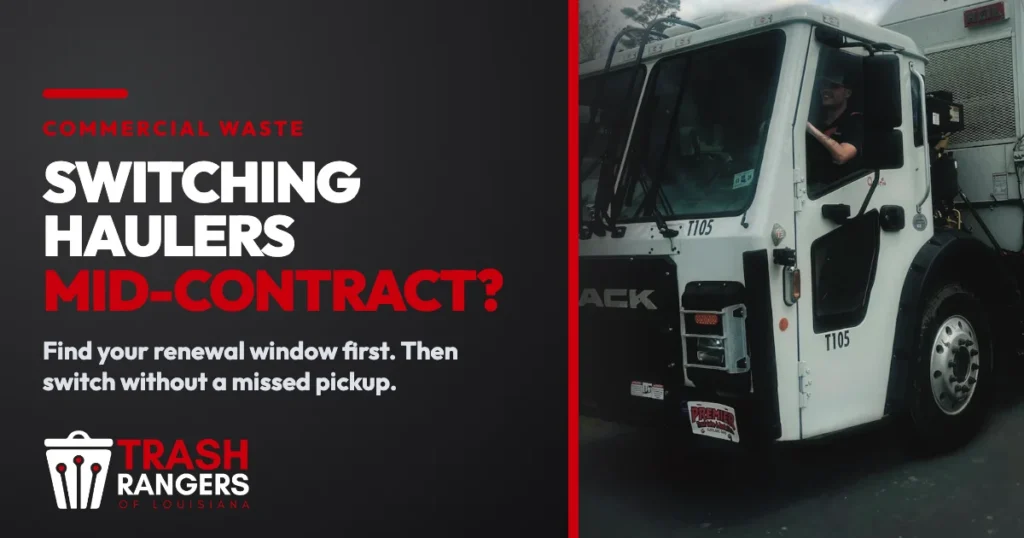 Switching haulers mid-contract? A Trash Rangers front-load truck with a driver in the cab.