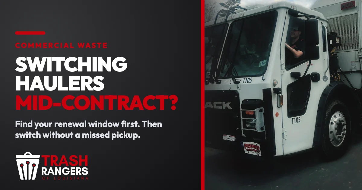 Switching haulers mid-contract? A Trash Rangers front-load truck with a driver in the cab.