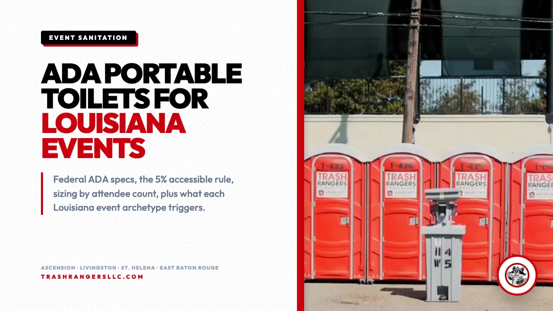 ADA Portable Toilets for Louisiana Events guide card with Trash Rangers portable toilets and a hand wash station at Jambalaya Park