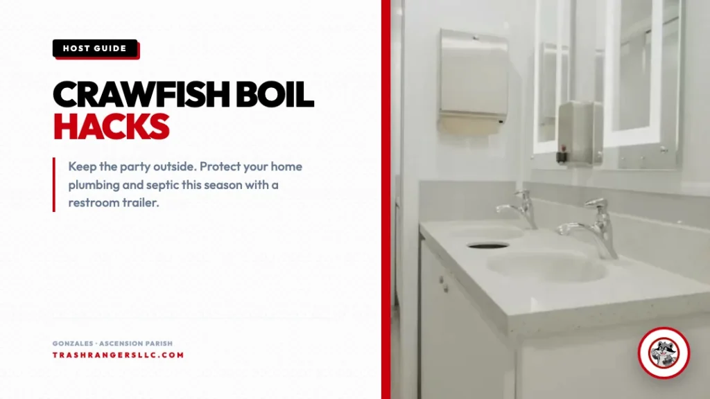 Crawfish Boil Hacks card with the double vanity inside the Trash Rangers Taj MaStall restroom trailer