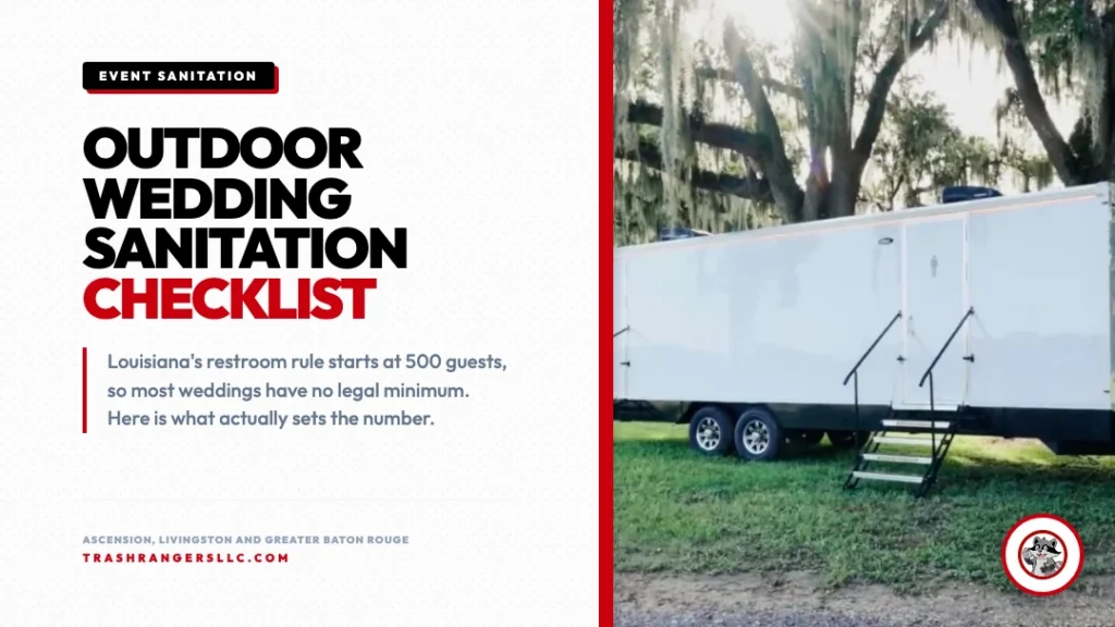 Outdoor Wedding Sanitation Checklist card with a Trash Rangers Sanitation restroom trailer under live oaks
