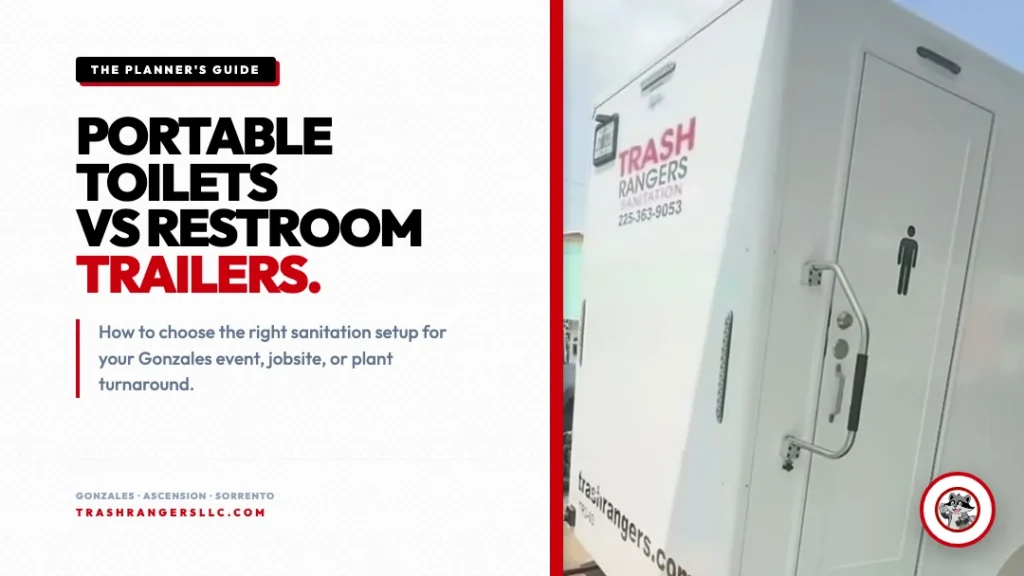 Portable Toilets vs Restroom Trailers guide card with a Trash Rangers Sanitation restroom trailer at an outdoor event